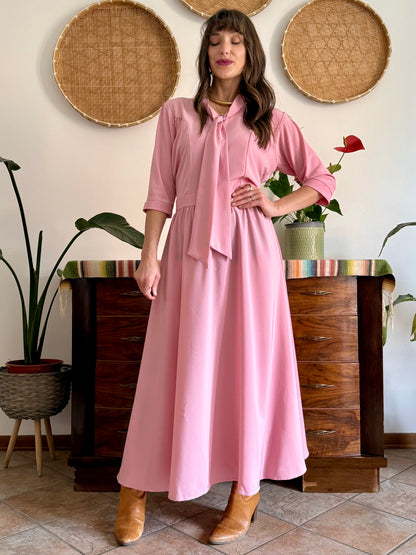 1970’s vintage pink maxi dress with bow tie collar
