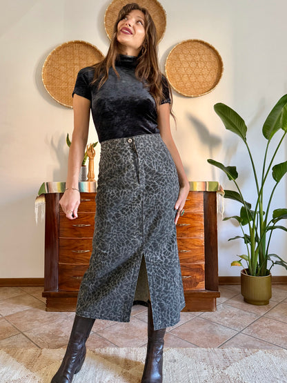 1970’s vintage dark grey animal print denim midi skirt