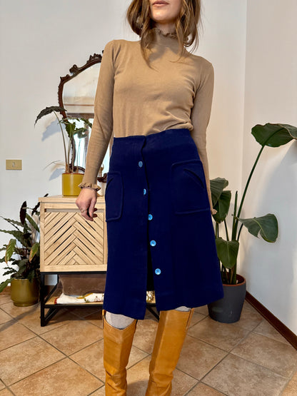 1960's blue knit wool midi skirt with light blue button details