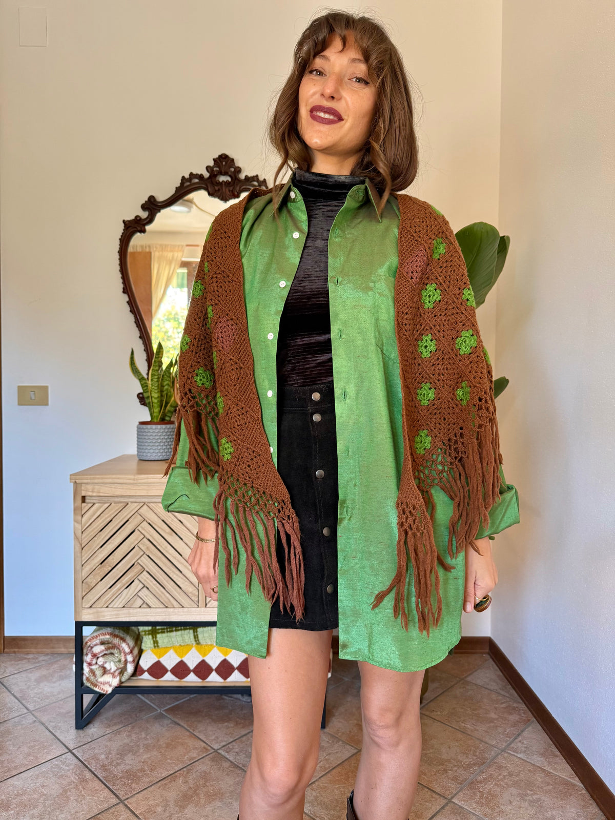 1970’s vintage chocolate brown and green knit shawl with fringe trim