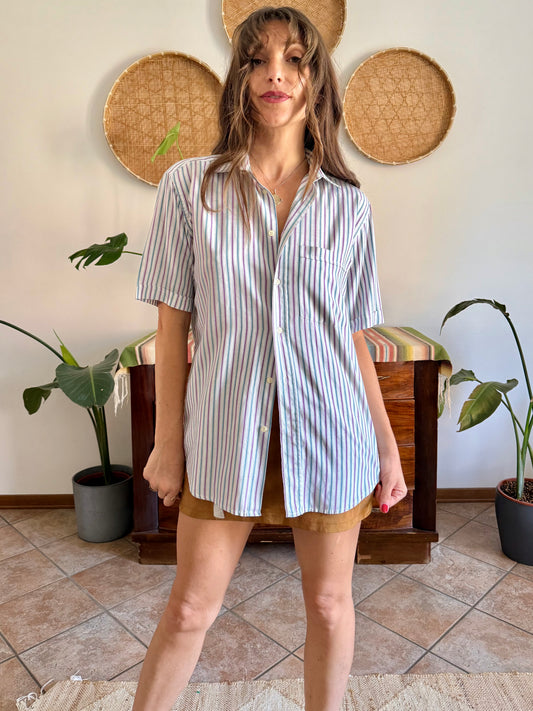 1970’s vintage lavender, turquoise and cream vertical stripe shirt