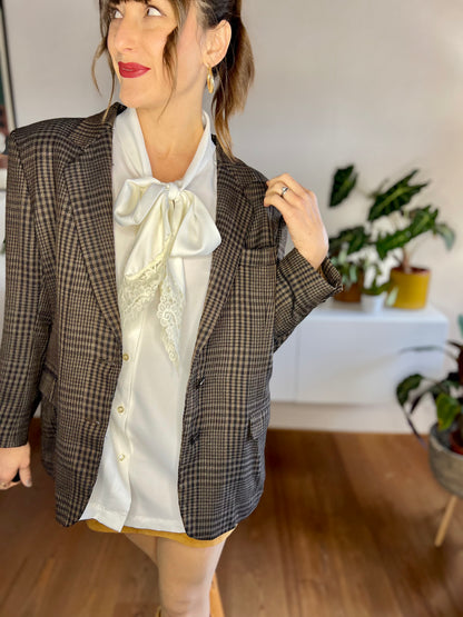 1970's vintage chocolate brown and blue cashmere blend plaid blazer