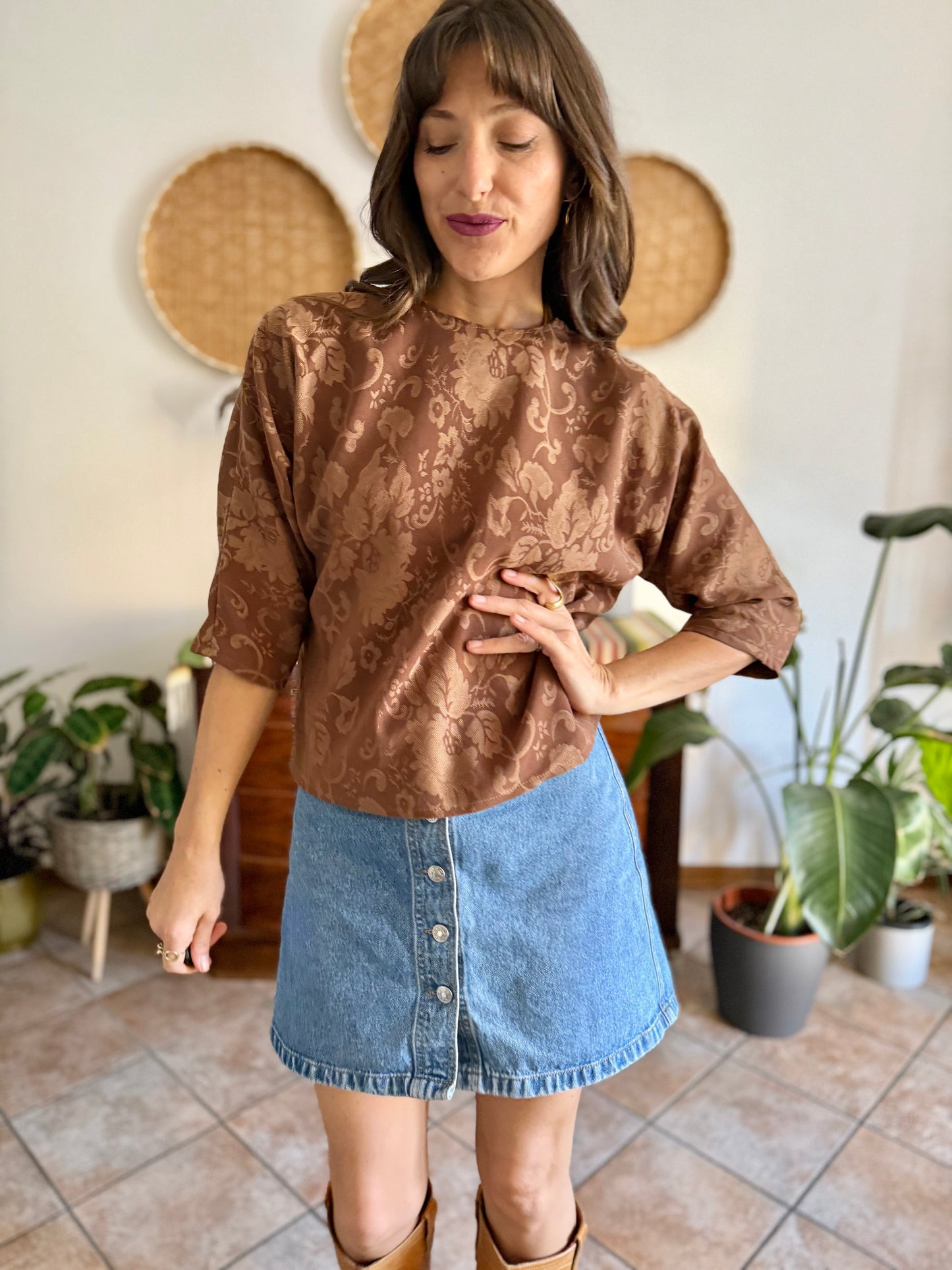 1970's vintage brown woven floral tapestry blouse