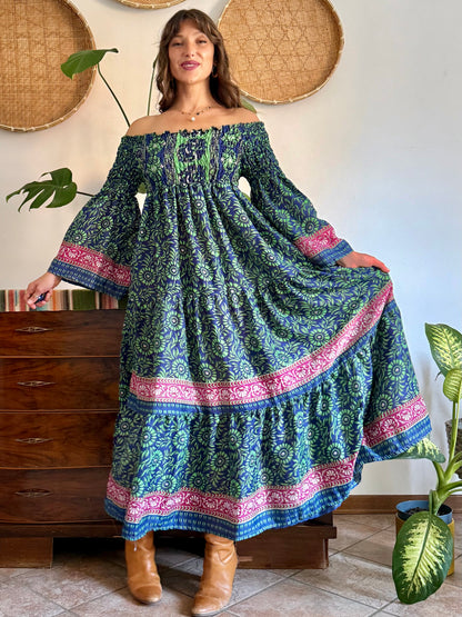 1970’s vintage green, blue and pink silk floral prairie maxi dress with bell sleeves