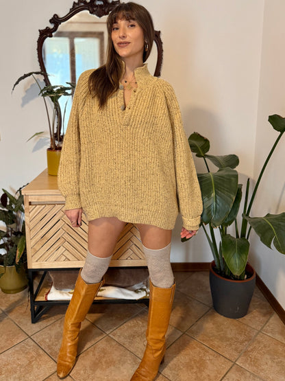 1970's vintage yellow thick knit wool pullover with grey flecks throughout