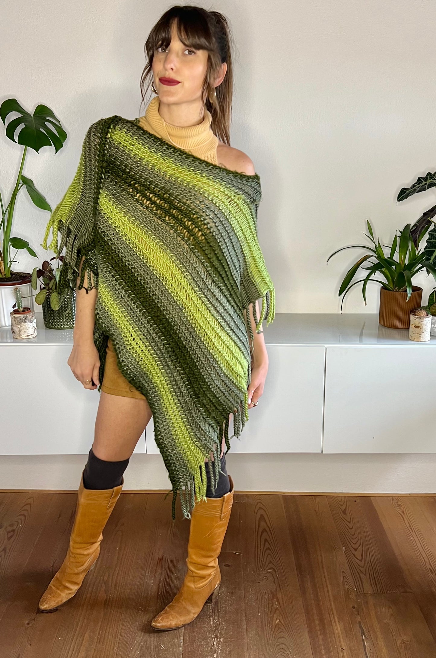 1970's vintage wool multitonal green stripe knit poncho with fringe details