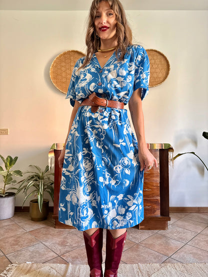 1960's vintage blue and cream floral silk midi dress