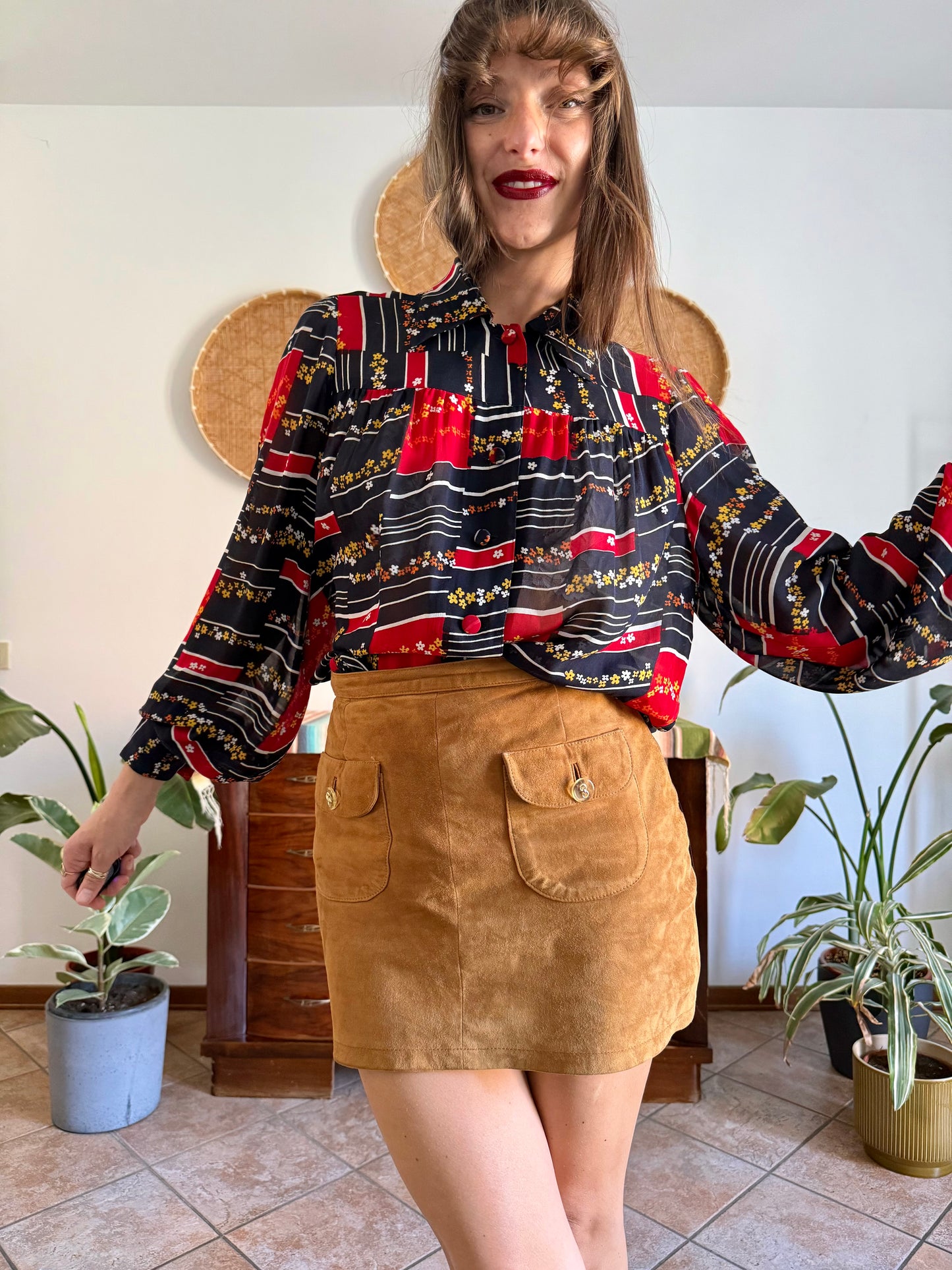1970's vintage black, red and yellow stripe and floral print blouse