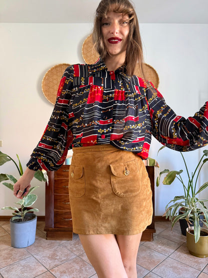 1970's vintage black, red and yellow stripe and floral print blouse