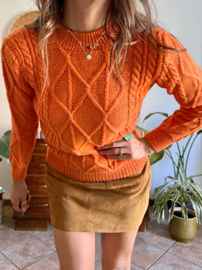1970's vintage orange wool mock neck cable knit pullover