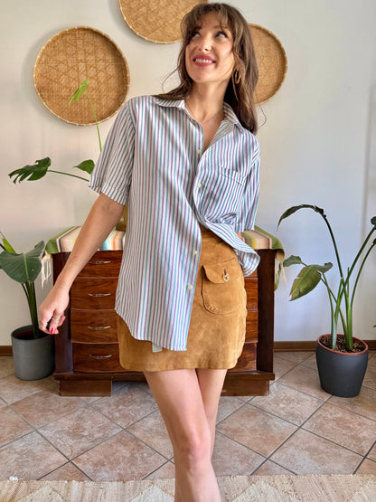 1970’s vintage lavender, turquoise and cream vertical stripe shirt