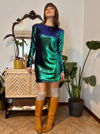 1990's vintage blue,green and turquoise open back mini dress