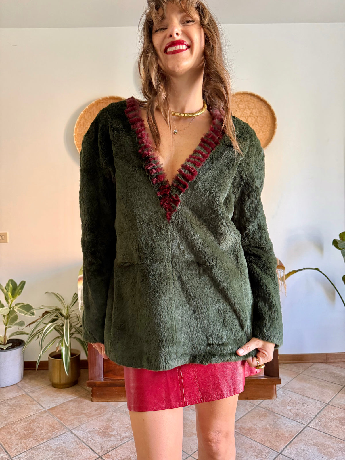 1970's vintage dark green and burgundy fur textured pullover