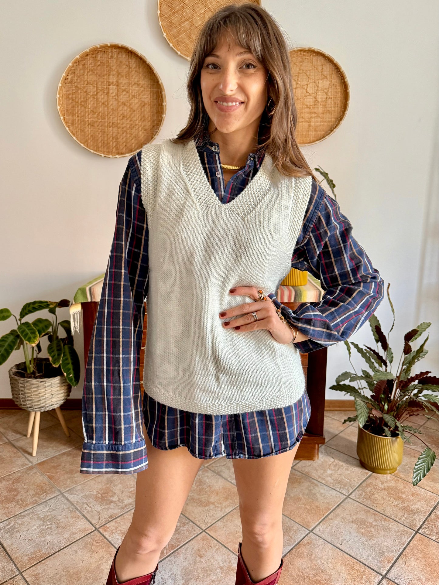 1970's vintage white and grey hand knit wool vest