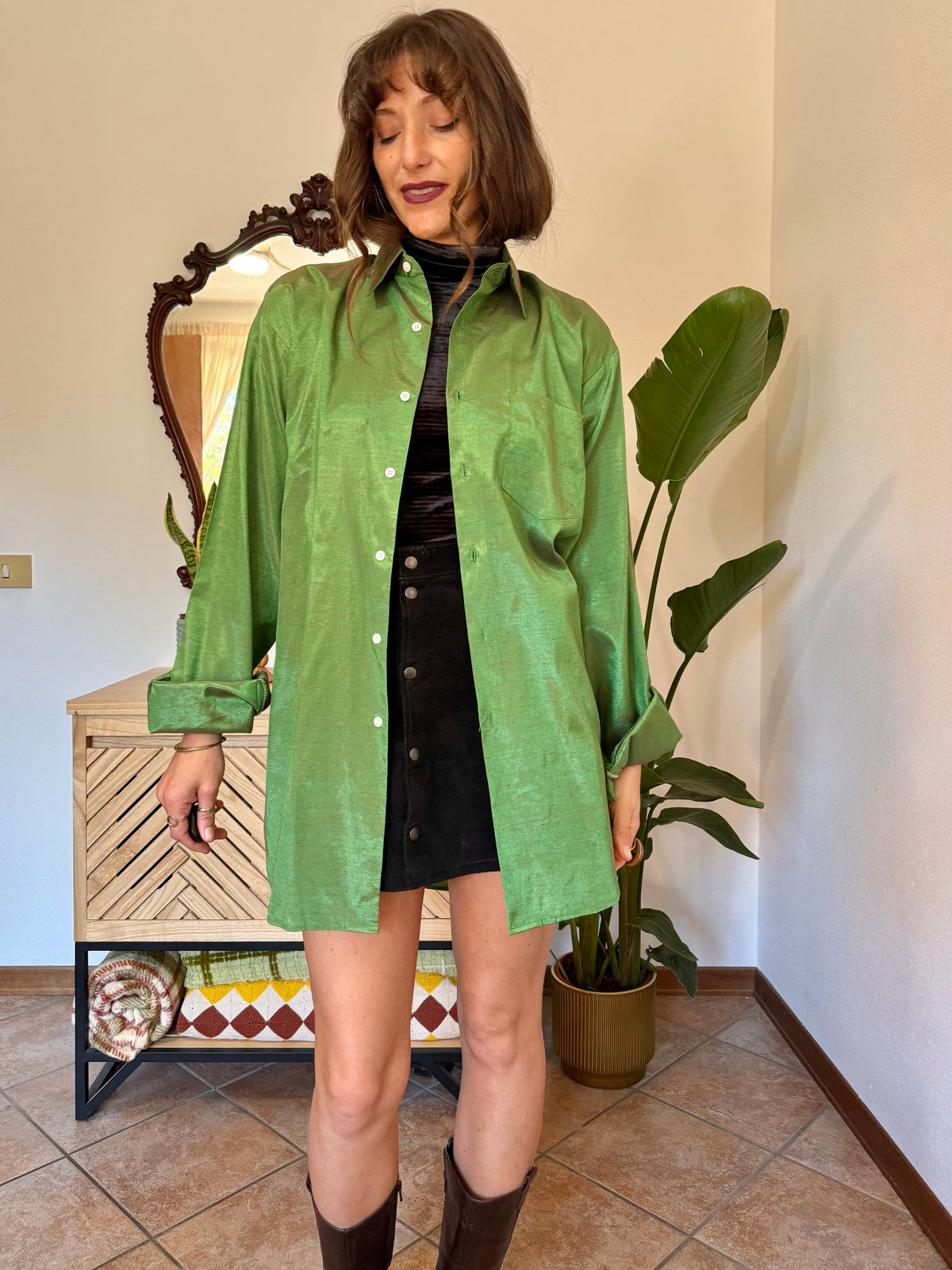 1970’s vintage oversize green and brown iridescent silk blouse