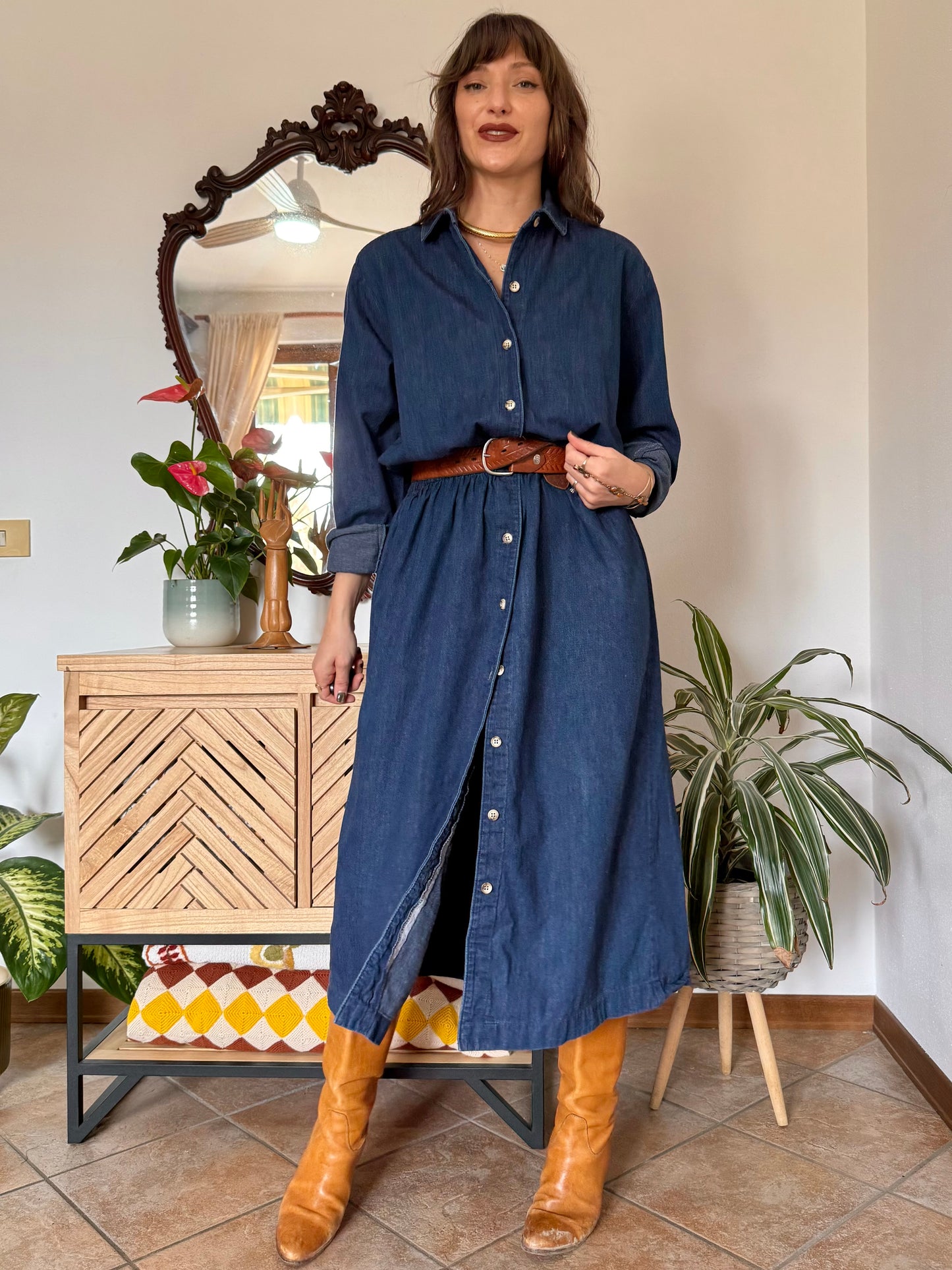 1970's vintage dark blue denim maxi dress