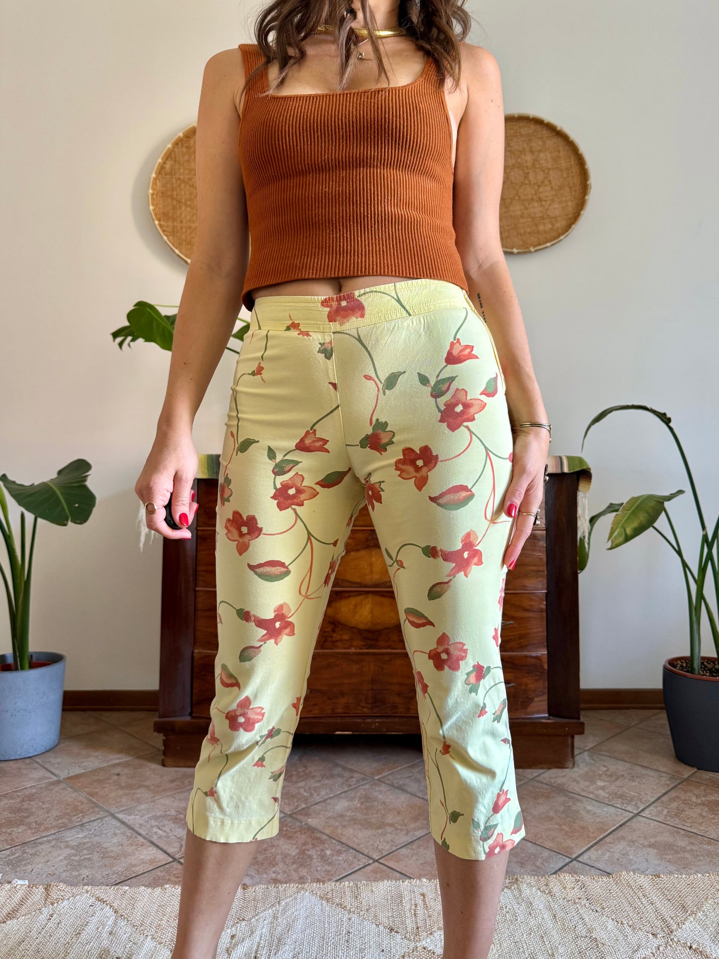 1990's vintage yellow and orange floral capri pants