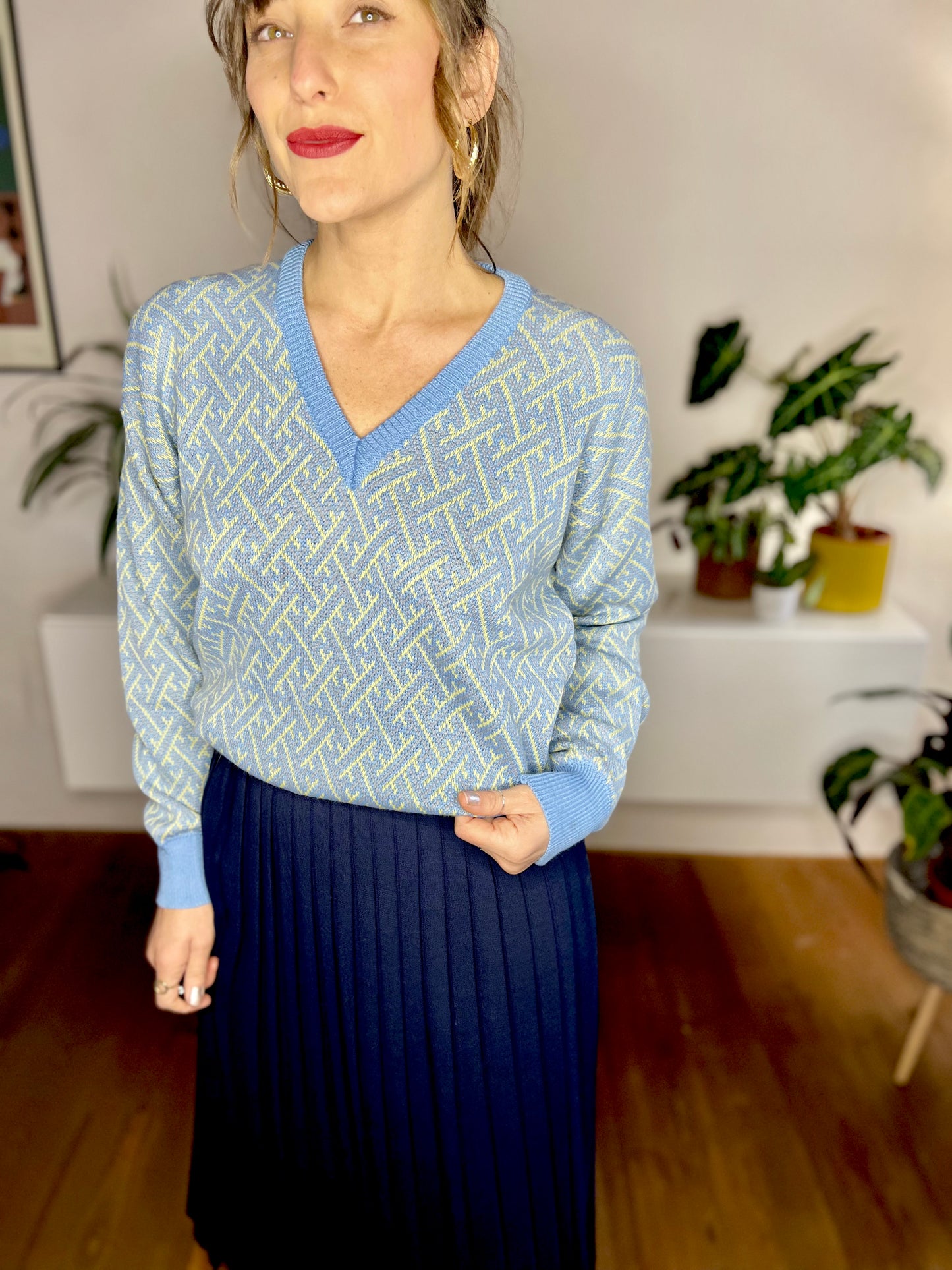 1970's vintage blue and yellow geometric wool blend knit pullover