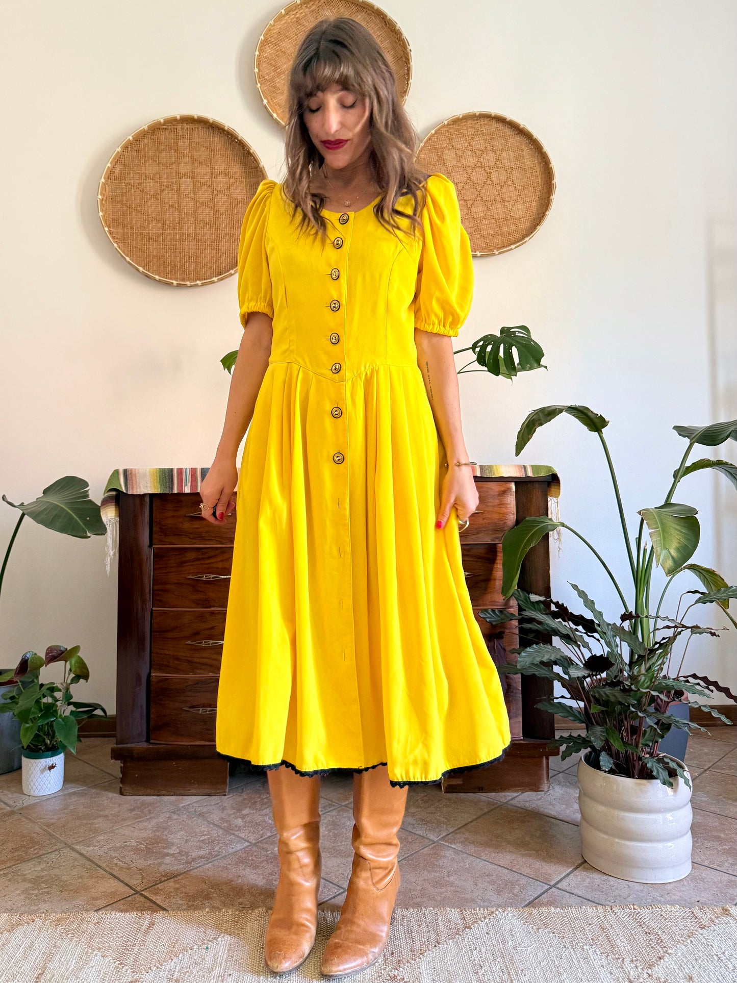 1960’s vintage canary yellow button down midi dress with black crochet detailing