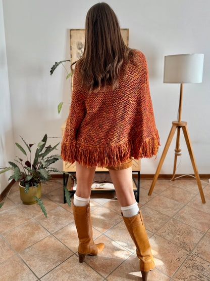 1970's vintage yellow and burgundy knit poncho with fringe details