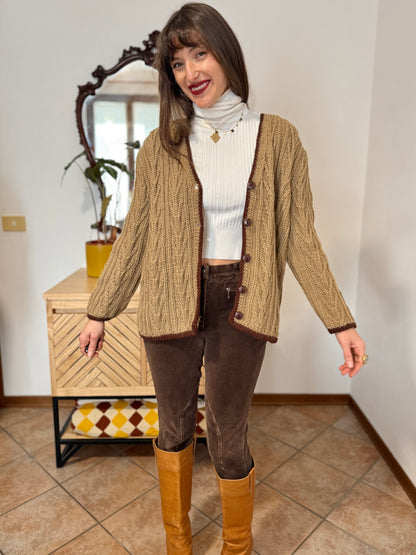 1970’s vintage tan hand knit wool cardigan with chocolate brown stitch trimming