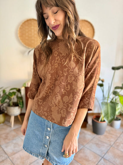1970's vintage brown woven floral tapestry blouse