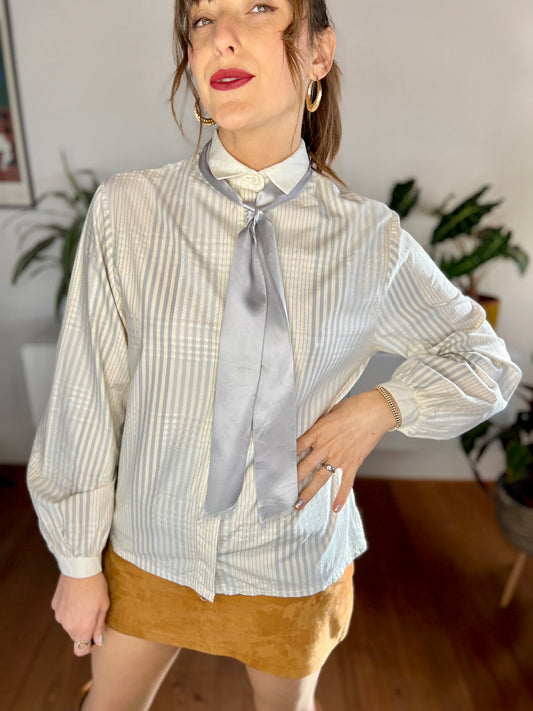 1970's vintage cream and grey textured striped bow tie blouse