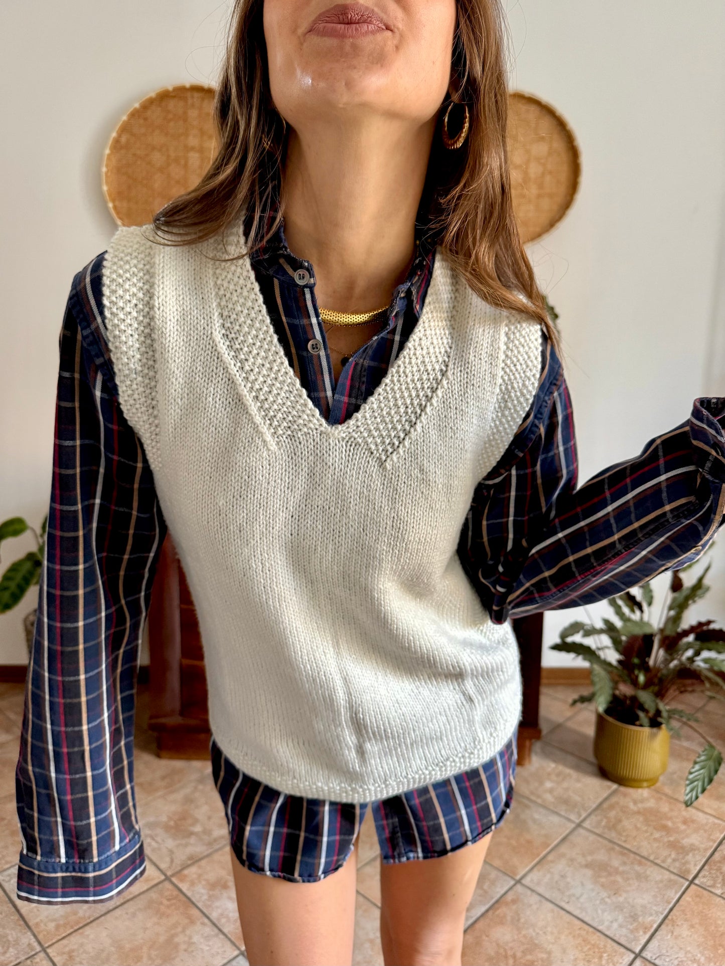 1970's vintage white and grey hand knit wool vest