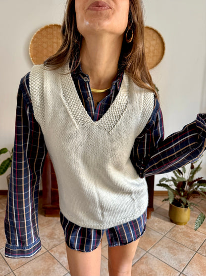 1970's vintage white and grey hand knit wool vest