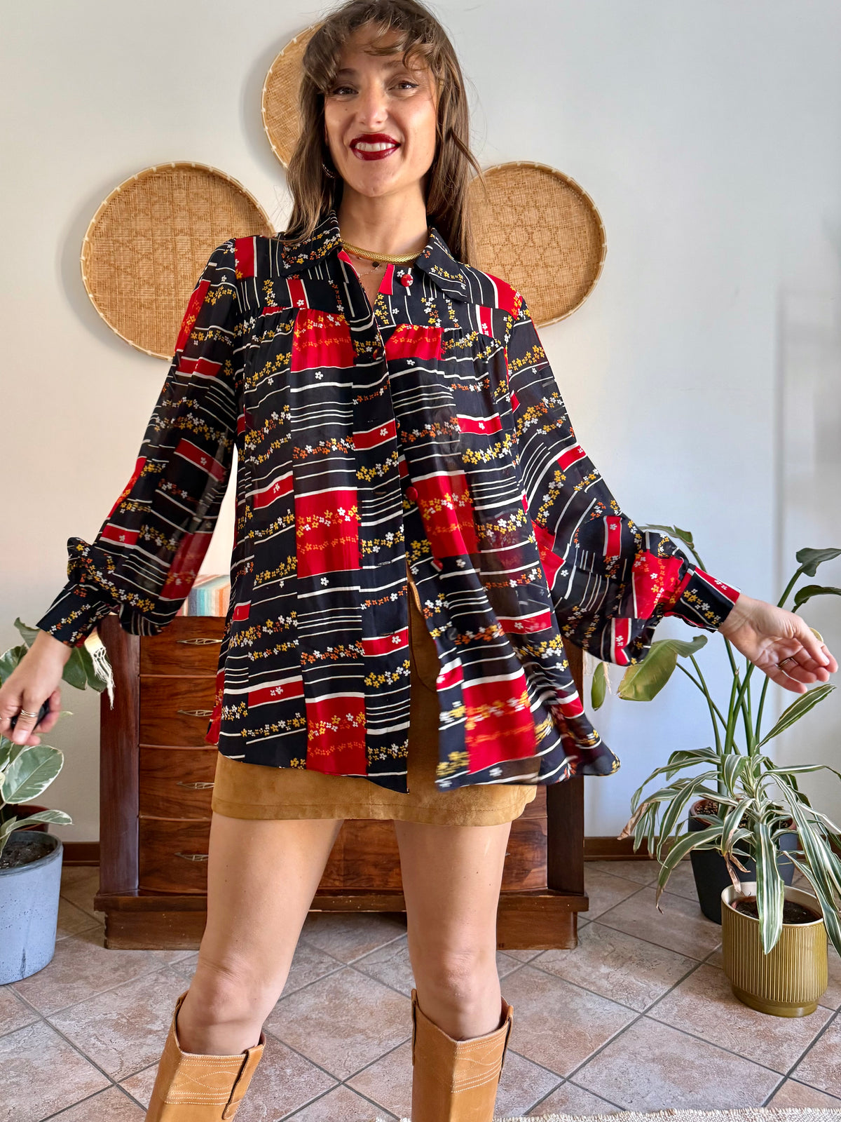 1970's vintage black, red and yellow stripe and floral print blouse
