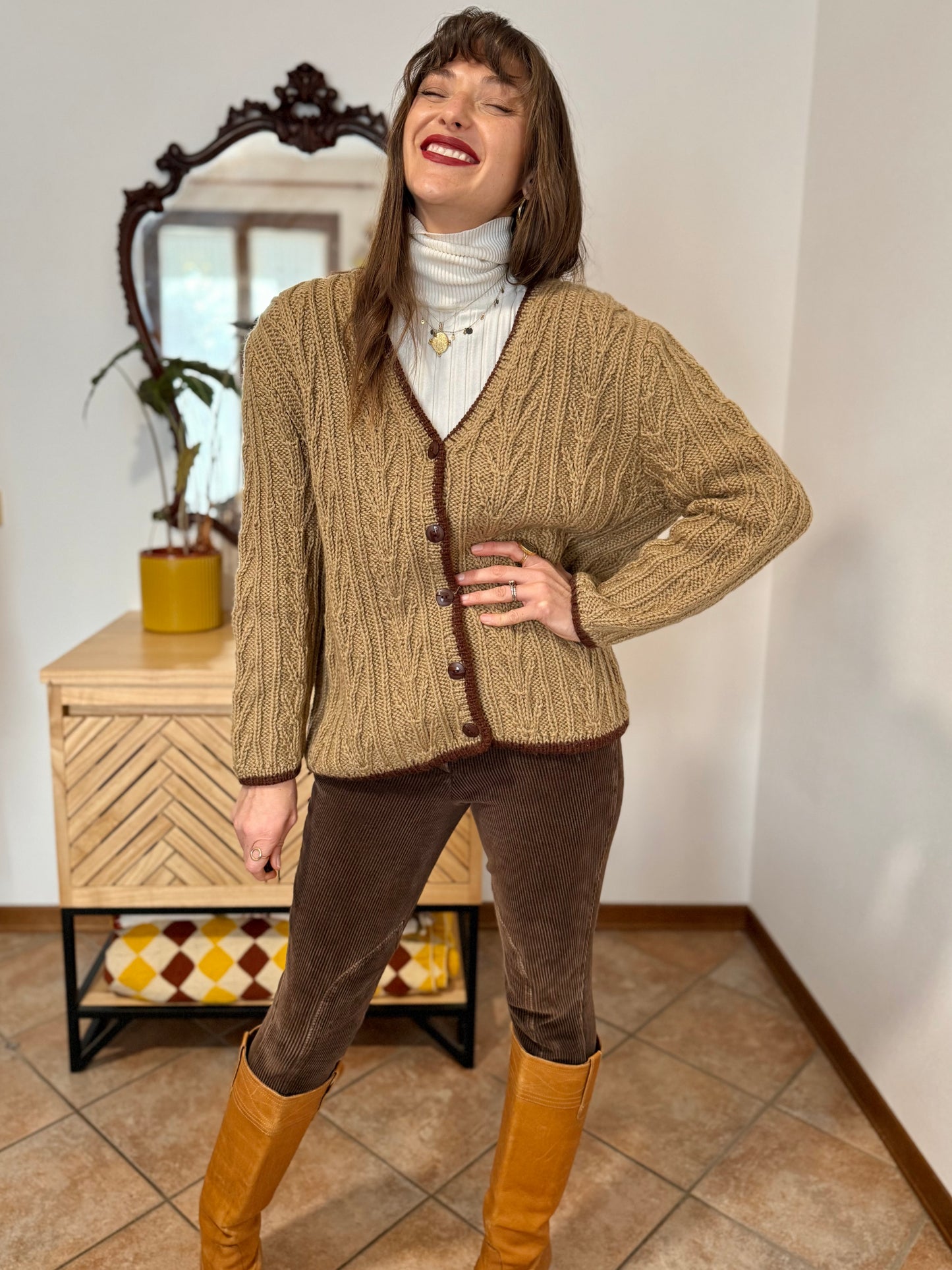 1970’s vintage tan hand knit wool cardigan with chocolate brown stitch trimming