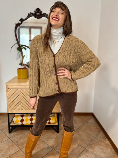 1970’s vintage tan hand knit wool cardigan with chocolate brown stitch trimming