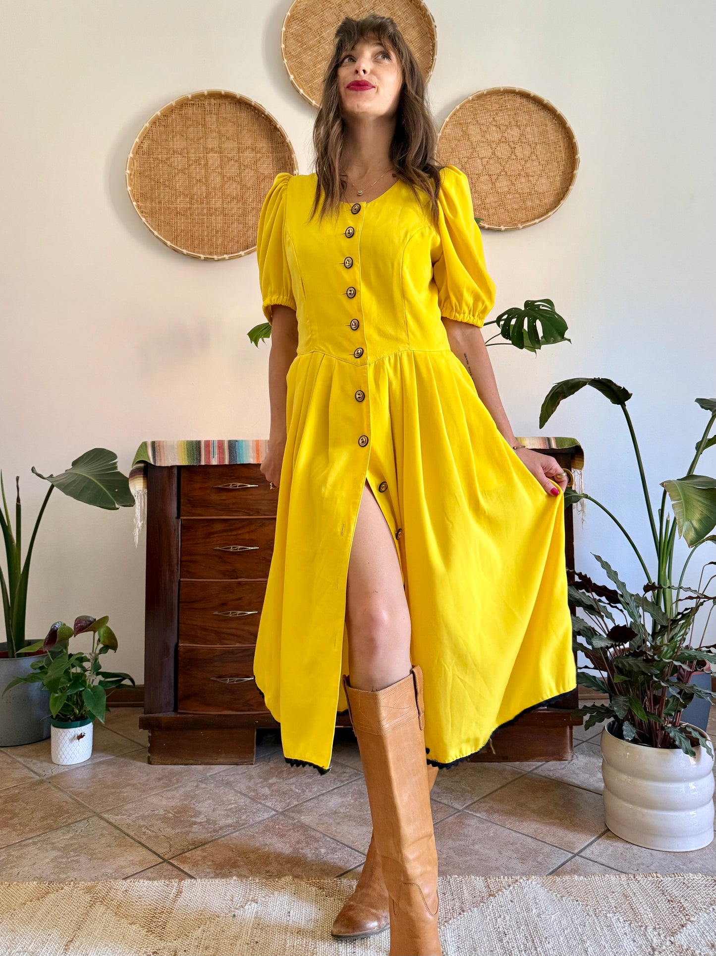 1960’s vintage canary yellow button down midi dress with black crochet detailing