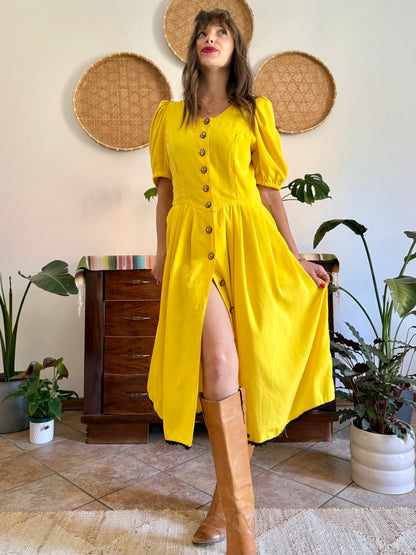 1960’s vintage canary yellow button down midi dress with black crochet detailing