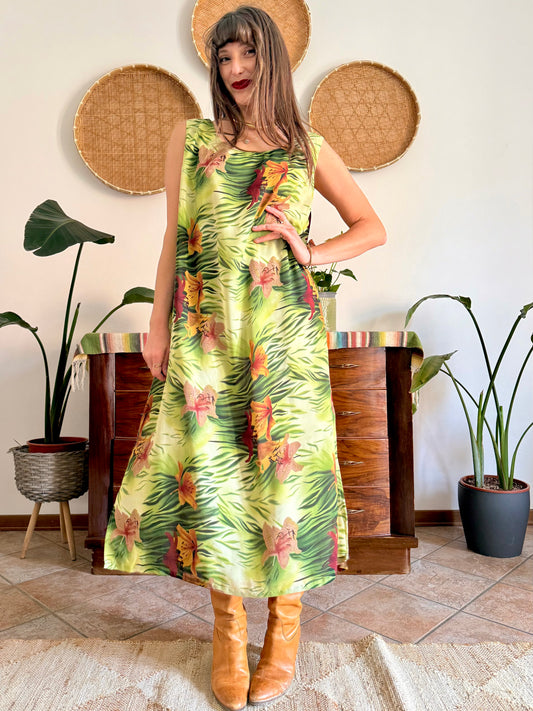 1990's vintage green and burgundy safari print maxi dress
