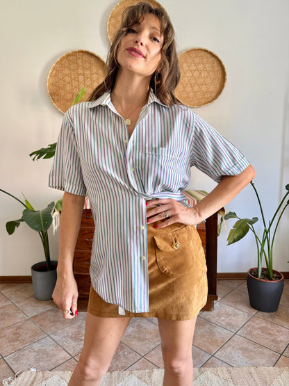 1970’s vintage lavender, turquoise and cream vertical stripe shirt