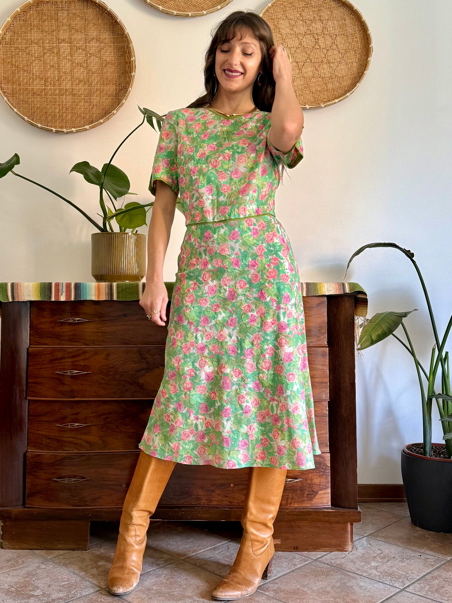 1960’s vintage semi sheer green, pink and white textured floral print midi dress