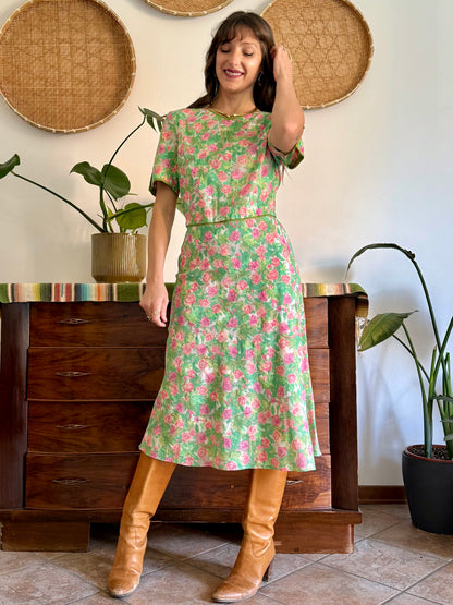 1960’s vintage semi sheer green, pink and white textured floral print midi dress