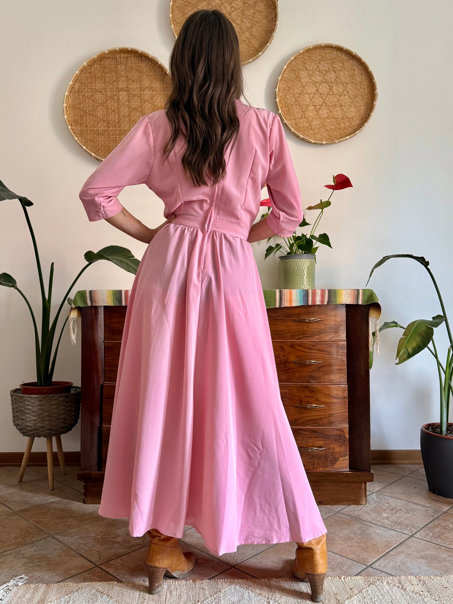 1970’s vintage pink maxi dress with bow tie collar