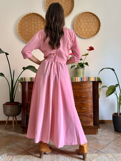 1970’s vintage pink maxi dress with bow tie collar