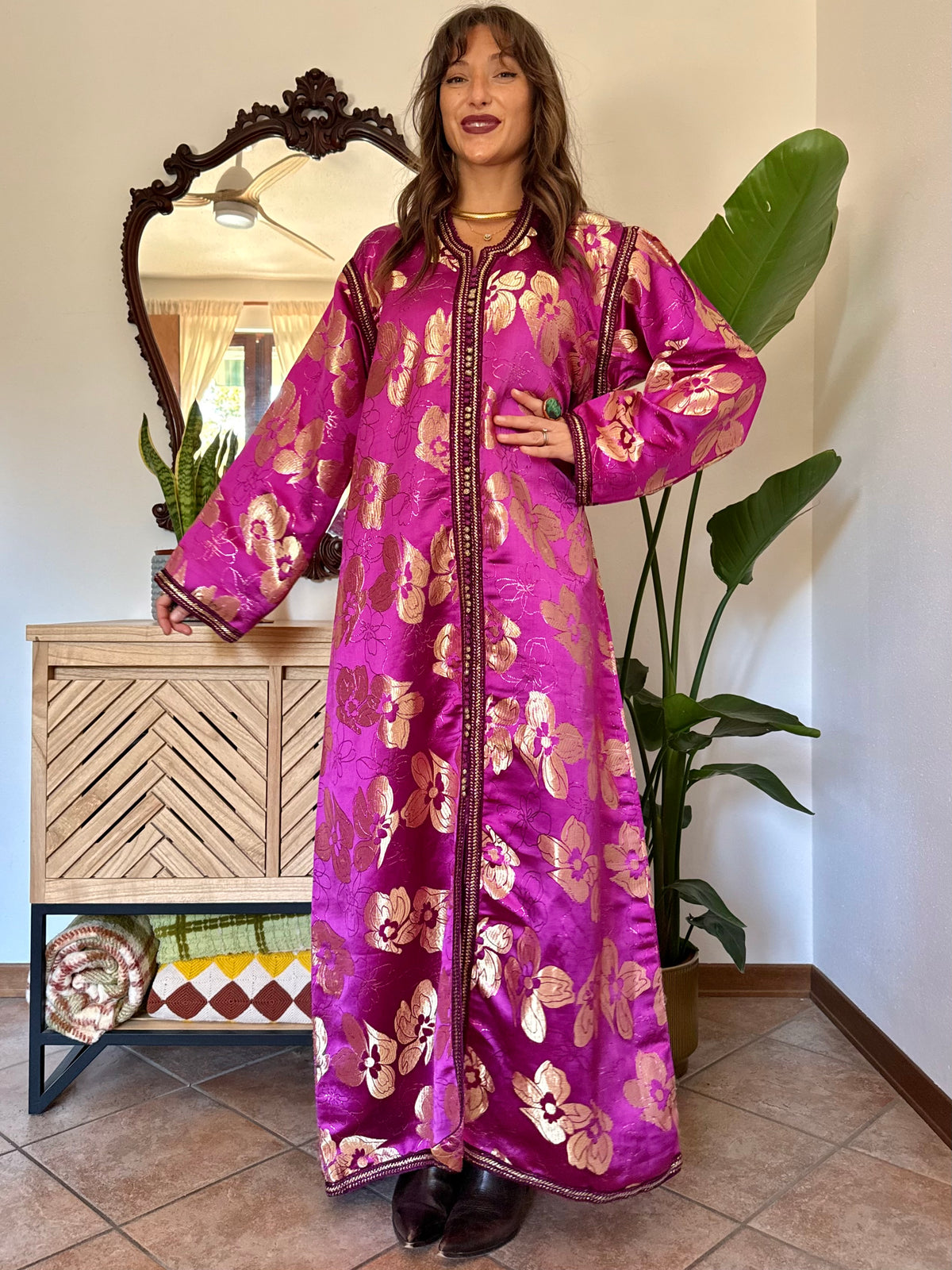 1970’s vintage fuchsia and gold floral weave brocade satin maxi dress