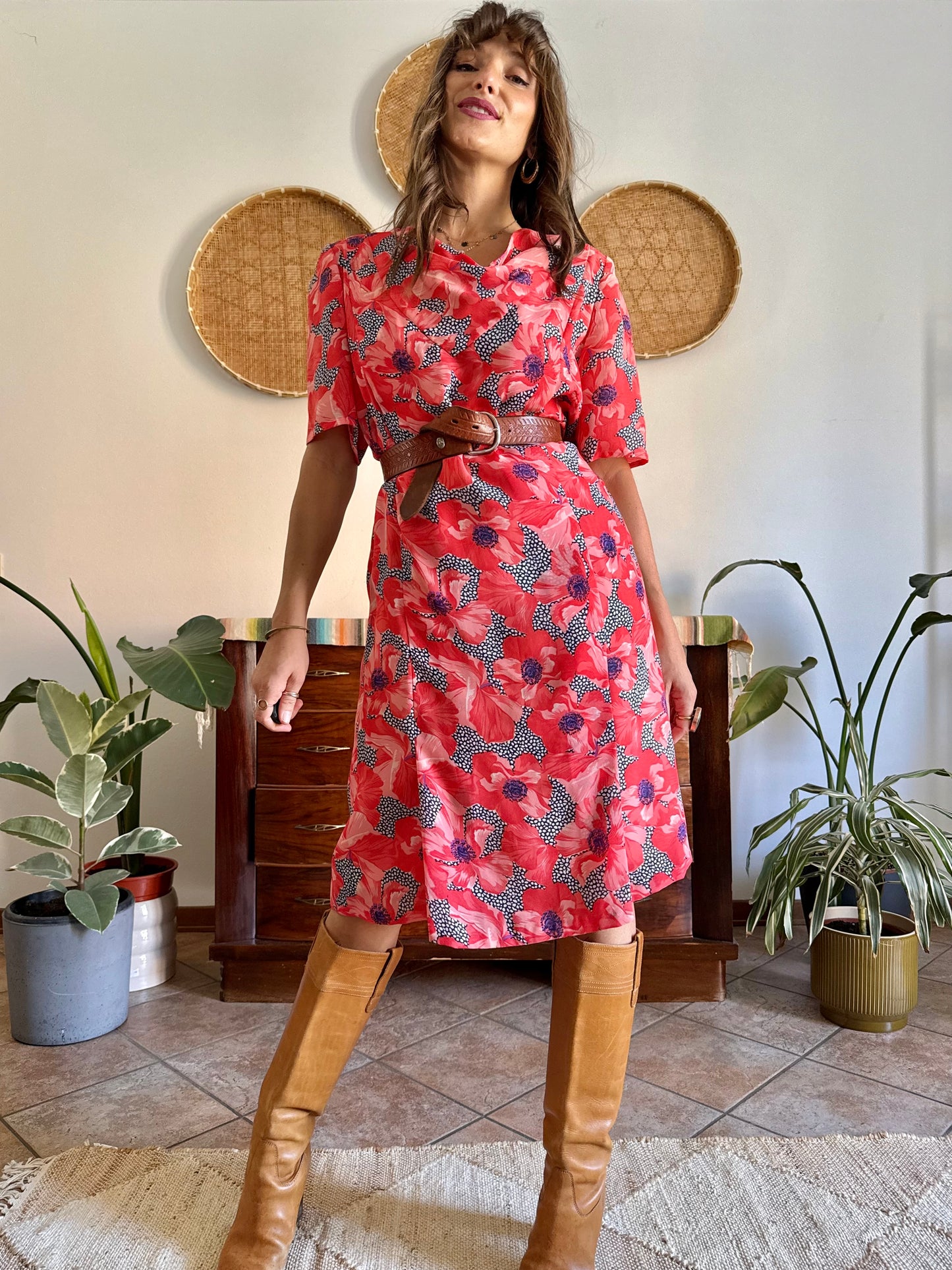 1960’s vintage punk and purple floral print midi dress with cowl neck
