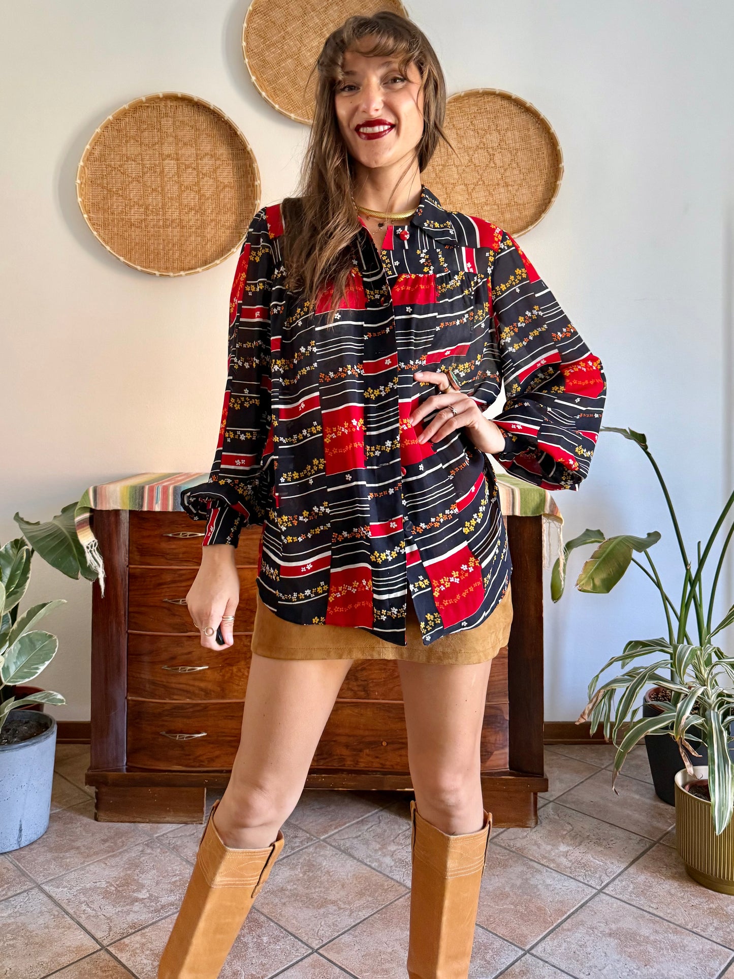 1970's vintage black, red and yellow stripe and floral print blouse
