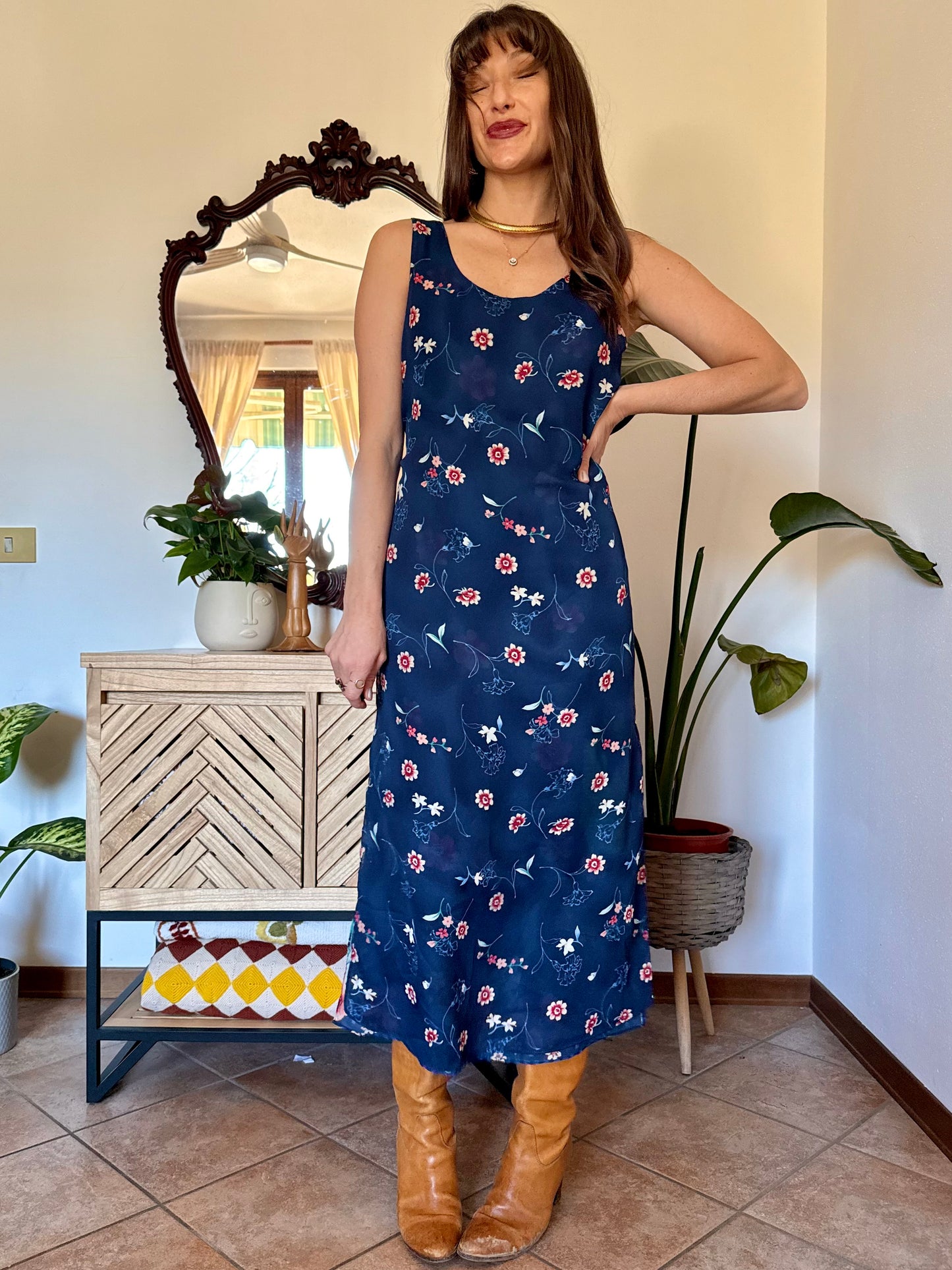 1990's vintage reversible navy blue floral print maxi dress