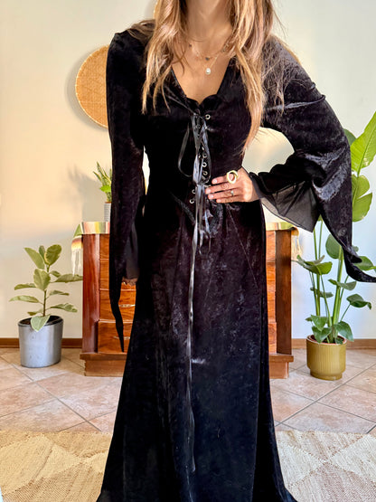 1990’s vintage black lace up bodice gothic velvet maxi dress with bell sleeves