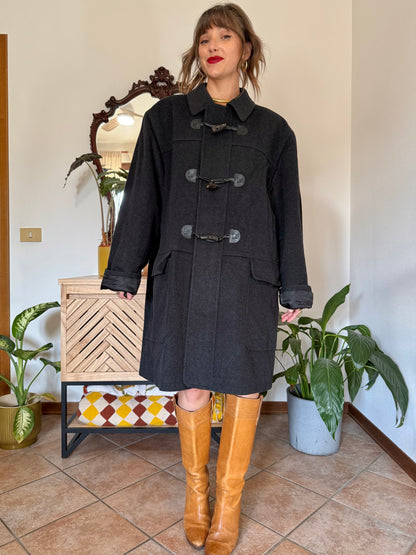 1970’s vintage charcoal grey cashmere and wool coat with toggle details