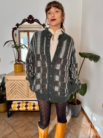 1970’s vintage grey cardigan with burgundy and yellow knit geometric pattern