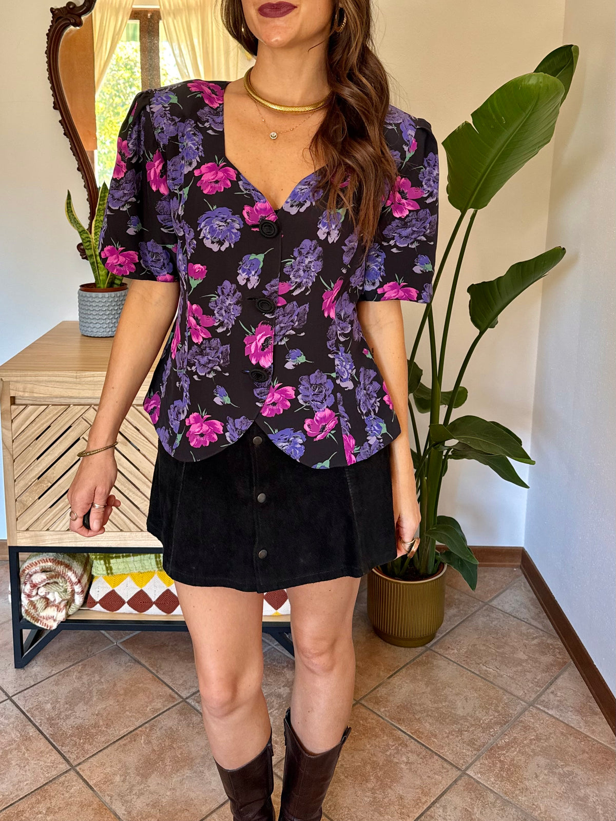 1960’s vintage black structured silk blouse with pink and purple floral print