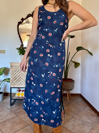 1990's vintage reversible navy blue floral print maxi dress