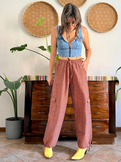 1990’s vintage chocolate brown and pink stripe woven wide leg trousers